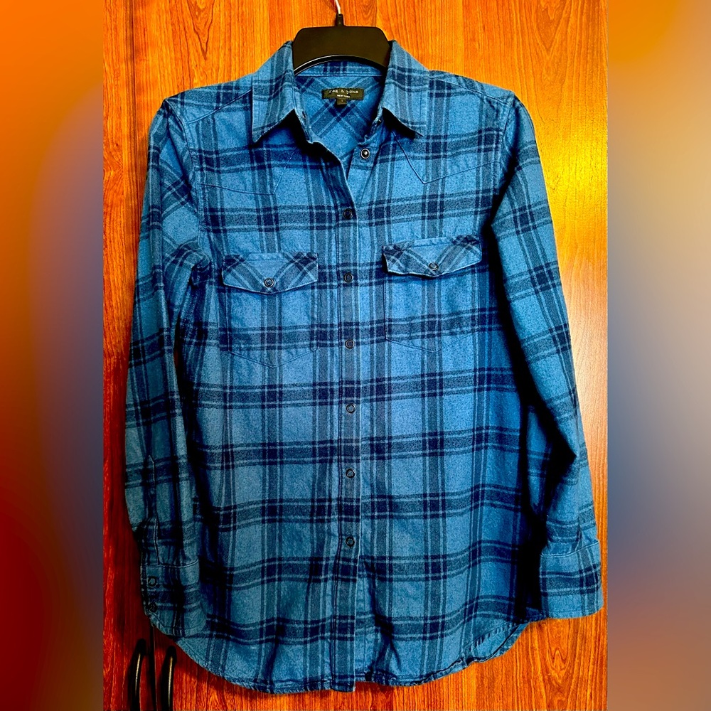RAG & BONE Flannel Shirt BLUE PLAID Women Snap Up Front Long Sleeve Top SMALL